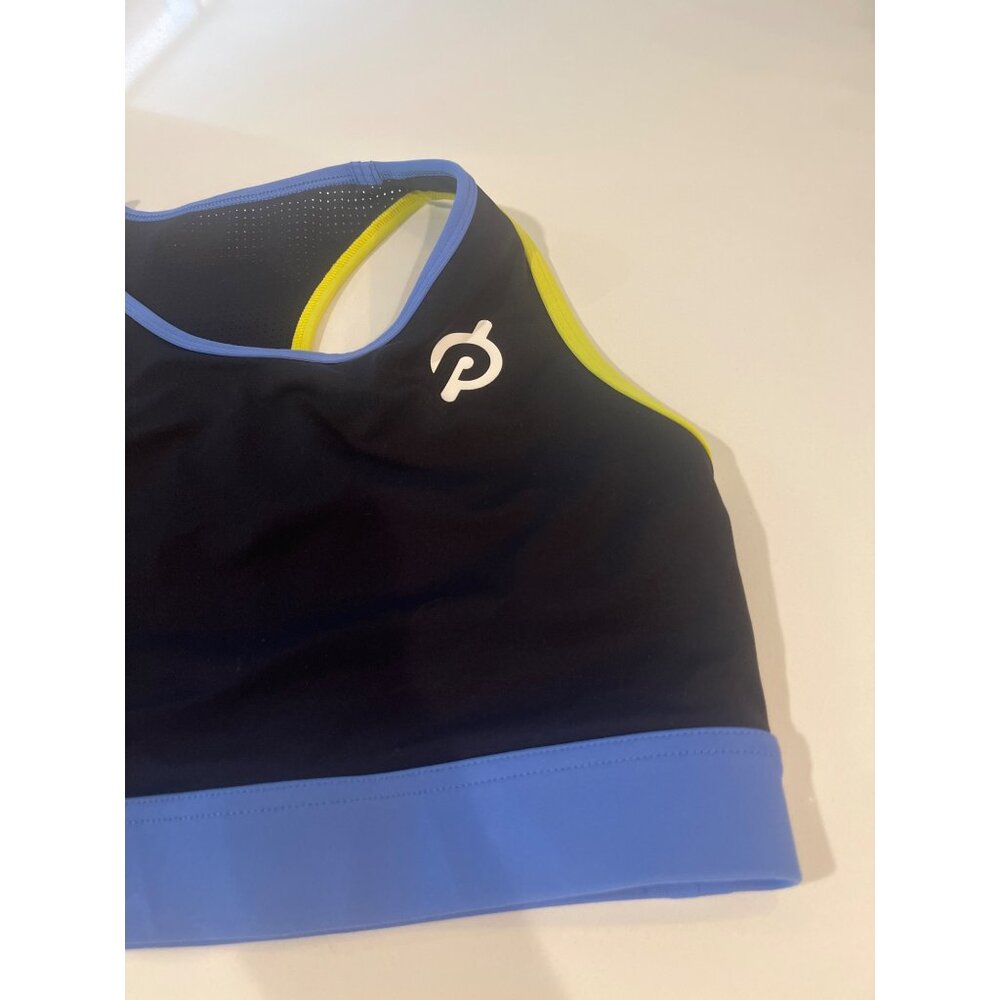Peloton Womens Racerback Athletic Sports Bra With Yellow Trim & Blue Band